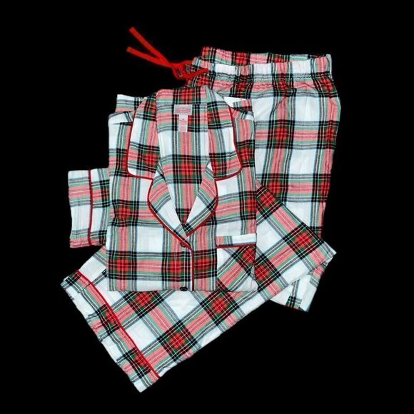 Wandershop Women’s Tartan Plaid Flannel Button Down Jacket & Pants pajama set - Picture 1 of 7